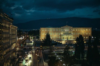 syntagma square, athens at night, greece.