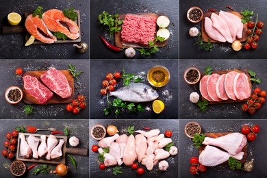 collage of various fresh meat, chicken and fish, top view