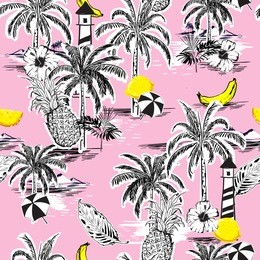 beautiful seamless island pattern. landscape with palm trees,fruit,hibiscus flower,banana,orange,beach and ocean vector hand drawn style on light pink color background.