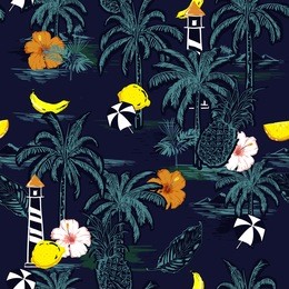 dark  and colorful seamless island pattern. landscape with palm trees,fruit,hibiscus flower,banana,orange,beach and ocean vector hand drawn style on navy blue background.