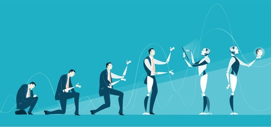 human turning to be an immortal robot. future reality of medicine. artificial organs and pieces of body. lasting forever life concept illustration 