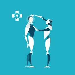 human turning to be an immortal robot. future reality of medicine. artificial organs and pieces of body. lasting forever life concept illustration 