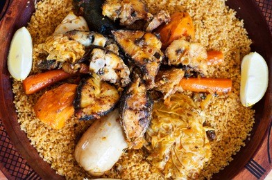 couscous with vegetable, fish and meat