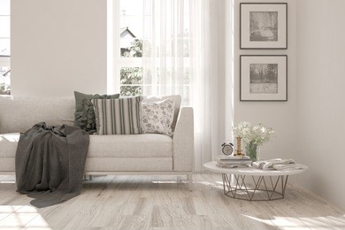 idea of white minimalist room with sofa. scandinavian interior design. 3d illustration