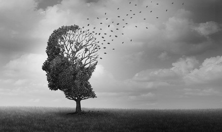 alzheimer disease as a neuropathology memory loss due to brain degeneration and decline as a surreal medical neurology illness concept.