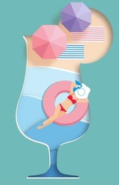 top view beach  with girl on cocktail glass . summer beach in paper art style.paper cut and candy color style.