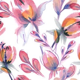 floral seamless pattern. watercolor illustration. spring background with hand painted stylized tulips.