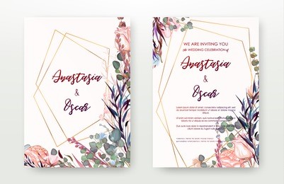 wedding invitation frame set; flowers, leaves, watercolor, isolated on white. sketched wreath, floral and herbs garland with green, greenery color. handdrawn vector watercolour style, nature art.