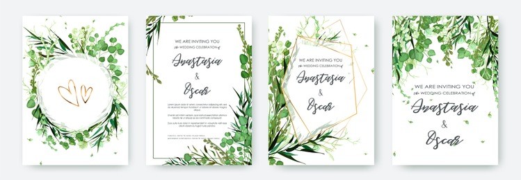wedding invitation frame set; flowers, leaves, watercolor, isolated on white. sketched wreath, floral and herbs garland with green, greenery color. handdrawn vector watercolour style, nature art.