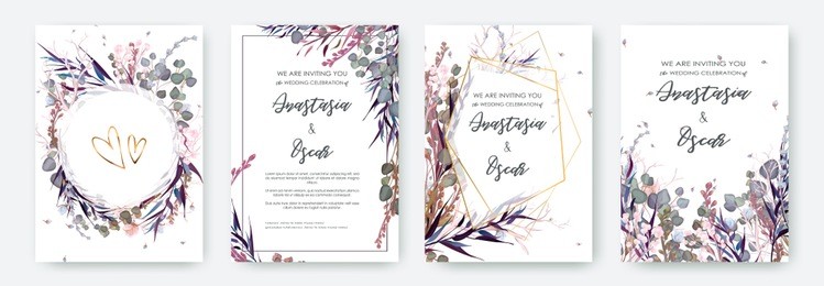 wedding invitation frame set; flowers, leaves, watercolor, isolated on white. sketched wreath, floral and herbs garland with green, greenery color. handdrawn vector watercolour style, nature art.