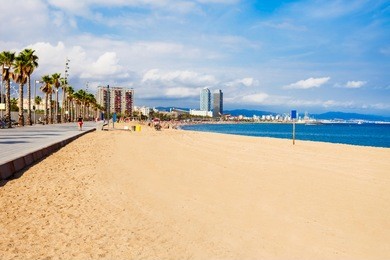 playa de la barceloneta city beach in the centre of barcelona city, catalonia region of spain