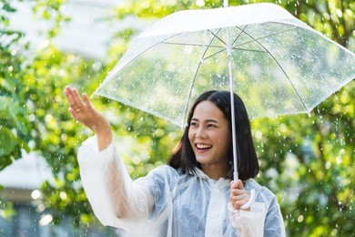 rainy day asian woman wearing a raincoat outdoors. she is happy.she used her hand to touch the rain.