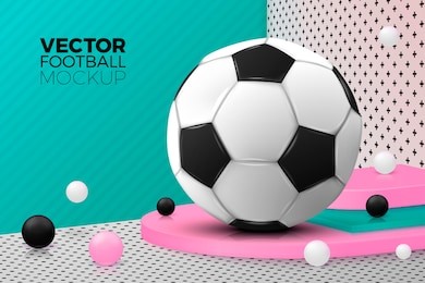 vector 3d realistic corner wall abstract scene with text, podium and football ball, pink, white, black and green balls and objects.