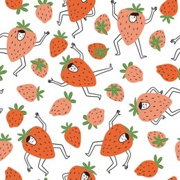 cute berry characters and strawberries. set of berries. vector seamless pattern in hand drawn style. fruit party collection for bright fruit fabric design.