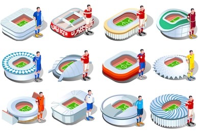 russia world cup 2018 football club jersey stadium set. soccer uniform collection player shirt.  sport infographic vector illustration landmark.