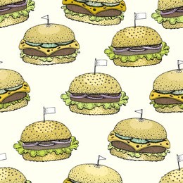 vector seamless pattern with burgers. hand drawn vector background. fast food illustration. hand drawn image. american food. can be use for burger restaurant menu design.