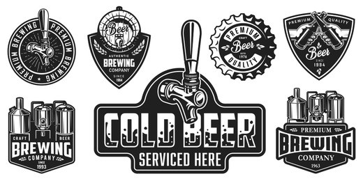 set of badges with beer equipment in monochrome style. vector illustration.