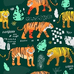 seamless pattern with cute tigers in jungle. childish wildlife animals background for fabric textile, wallpaper, wrapping paper, decoration. vector illustration