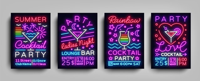 collection posters cocktail party neon. flyer template design in neon style. set flyers cocktail party invitation to dance, light banner bright brochure nightlife night neon. vector illustration