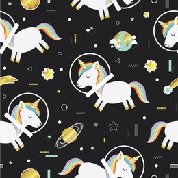 seamless pattern with cute  hand drawn unicorns and planets. all elements are  hidden under mask. pattern are not cropped and can be edited. solar system, space, universe. magic, dreams