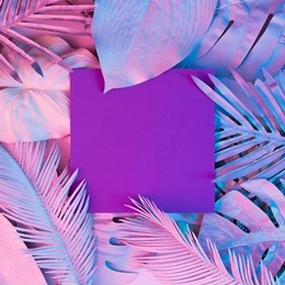 tropical and palm leaves in vibrant bold gradient holographic neon  colors. concept art. minimal surrealism background.