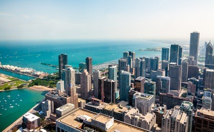 chicago skyline top view with skyscrapers at michigan lakefront, illinois, usa