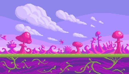 pixel art game location. cute pink mushrooms area. seamless vector background.