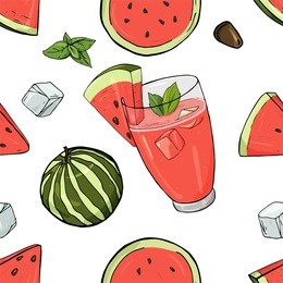 seamless pattern with watermelon drink in glass cup with ice and mint. cocktail, watermelon, watermelon slices on white background. colorful vector illustration in sketch style.