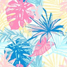 hand drawn grunge textured tropical leaves seamless pattern. tropical leaf silhouette elements background. palm, fan palm, monstera, banana leaf in grunge retro style. line art. vector illustration