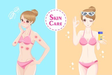 cute cartoon woman with skincare in the summer