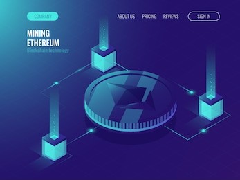 ethereum crypto currency mining server room, service data center, block chain technology token ultraviolet isometric vector illustration