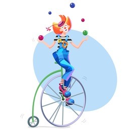 circus clown juggles balls on a retro bike. circus juggler in a hat with a flower and a striped jacket. clown balancing on retro bicycle. cartoon vector illustration.