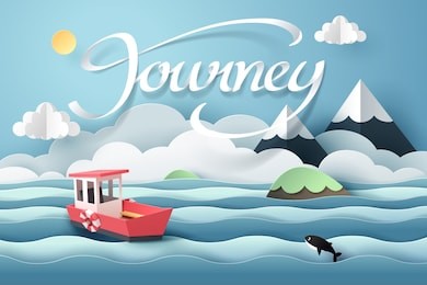 paper art of red boat and journey calligraphy lettering, origami and travel concept, vector art and illustration.