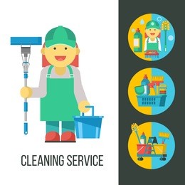 cleaning service. cleaning lady with mop and bucket in hand. flat vector illustration, set of emblems, logos. professional cleaning of premises. set of vector cliparts isolated on white background. 