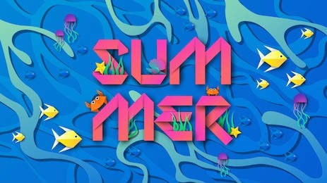 illustration of underwater with coral, fish, starfish, jellyfish, crabs, shellfish  and summer text design. on the water surface background. paper cut and craft style. vector, illustration.