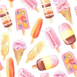 seamless pattern with colorful ice cream in watercolor style. vector summer illustration on white background.