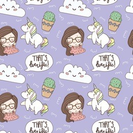 seamless pattern with different objects and a girl in vector/ unicorn, cloud, lettering