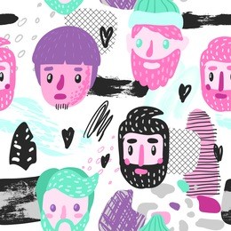 hipster seamless pattern with funny men faces. hand drawn childish background with abstract elements for fabric textile, wallpaper, wrapping paper, decoration. vector illustration