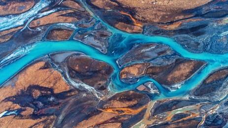 aerial view and top view river in iceland. beautiful natural backdrop.