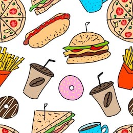 vector fast food pattern. design for menus, cafe or restaurant. food seamless pattern. hand drawn pattern.