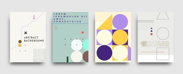covers templates set with bauhaus, memphis and hipster style graphic geometric and glitch elements. applicable for placards, brochures, posters, covers and banners. vector illustrations.