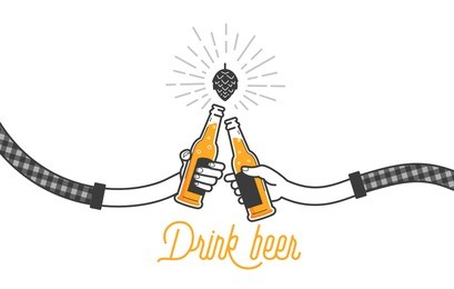 two hands holding two beer bottles. clinking glasses in plaid shirt. party celebration in a pub. isolated vector illustration of two drunk person drinking beer on white background. cheers mate.