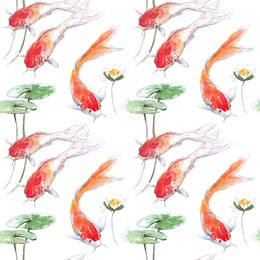 seamless pattern with hand drawing watercolor gold koi fish , aquarium, oriental style, water lilies, sketches.
