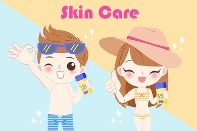 children with sun protection concept on the blue background