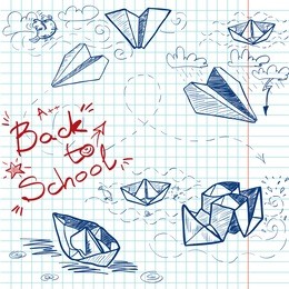 hand drawn back to school sketch on squared notebook paper. notebook doodles with lettering, paper boats and paper planes. vector illustration. background