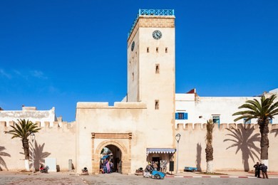 medina entrance tower and old city walls in essaouira, morocco
