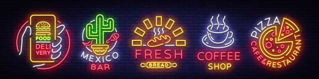 set fast food logos. collection neon signs, street food, food delivery, mexico bar, fresh bread, coffee shop, pizza cafe restaurant. design elements for food, neon banner. vector illustration