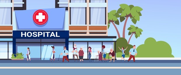 different patients walking to new modern hospital building medical clinic concept