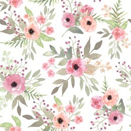 watercolor floral seamless pattern with isolated hand drawn flowers on white background.