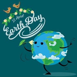 earth day, happy sun heats earth with its yellow warm rays, ecology concept of love the world, green and blue globe protection, global eco save nature vector illustration isolated on white background